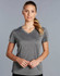 A grey short sleeve tee with a V-neck design, featuring a logo and a fitted silhouette for women.