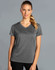 A grey short sleeve tee with a V-neck design, featuring a logo, worn by a smiling woman against a plain background.