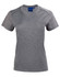 A grey women's short sleeve tee featuring a v-neck design, with a logo on the label.