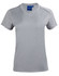 A grey short sleeve tee with a v-neck design, featuring a logo on the neckline. 