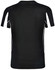 A black short-sleeve T-shirt with white accents and a logo on the back.