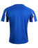 A blue short-sleeved T-shirt with white accents on the shoulders and sides, featuring a logo.