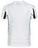 A white short-sleeved t-shirt featuring black accents on the sides and a logo.