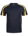 A black T-shirt with yellow accents and mesh panels. The shirt features a logo on the neckline.