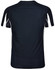 A black short-sleeved T-shirt with white accents and a logo on the back.