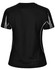 A black short-sleeve women's T-shirt featuring grey accents and a logo on the back.