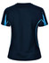 A ladies' short-sleeve T-shirt in navy blue with light blue accents and a logo on the back.