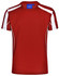 A red short-sleeved t-shirt with white accents and a logo on the upper back.