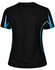A black short-sleeved women's t-shirt featuring blue accents and a mesh design on the shoulders. It has a logo.