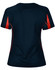 A navy blue ladies' T-shirt with red accents on the sides and back. The shirt has a logo.