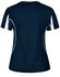 A navy blue ladies' T-shirt featuring short sleeves and white detailing on the sides. It has a logo on the back.