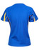 A blue t-shirt with yellow accents, featuring short sleeves and a relaxed fit, back view displayed.