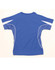 A blue short-sleeved T-shirt with white accents and a logo on the back.