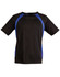 A black men's t-shirt featuring blue accents and a logo, with short sleeves and a round neckline.