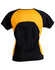 A black and yellow women's T-shirt featuring a mesh design on the back and a logo.