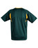 A adults' soccer jersey in dark green with yellow accents and a logo on the back.