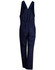 A navy blue cotton drill overall with adjustable straps and multiple pockets, featuring a logo on the front.