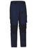 Unisex utility stretch cargo work pants in navy blue with black accents and multiple cargo pockets. Features a logo.