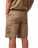 Khaki cargo shorts with multiple pockets and a logo, shown from the back. Features stitching details.