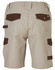 Beige work shorts featuring brown accents and pockets, with a logo on the back.
