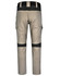 Work pants in tan and black with multiple pockets and a logo, featuring a modern fit design.
