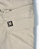 A close-up of light khaki work pants featuring a zippered pocket and a small logo on the side.