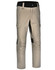 A pair of beige work pants featuring pockets and black accents, with a branding logo. Designed for durability and comfort.