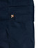 Navy blue work shorts featuring a pocket and a logo patch. Made from rip-stop poly/cotton stretch material.