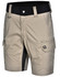 Rip-stop poly/cotton stretch work shorts in beige with black detailing and multiple pockets. Features a belt loop and logo.