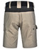 Beige work shorts with a stretchy black waistband and side pockets, featuring a logo on the side.