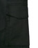 A close-up of black cotton stretch ripstop work shorts featuring a side pocket and durable fabric texture.
