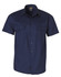 Navy blue short-sleeved work shirt with two front pockets and a logo on the collar.