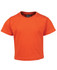 An orange infant t-shirt with short sleeves and a round neckline, featuring a logo on the inside label.
