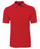 A red polo shirt featuring a collar and three-button placket, with a small logo on the label.