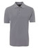 A grey polo shirt featuring a classic collar and three buttons, with a manufacturer’s logo.