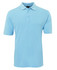 A light blue polo shirt featuring a collared neckline and short sleeves, with a logo on the chest.
