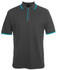 A dark grey polo shirt featuring contrasting turquoise accents on the collar and sleeves. It has a logo.