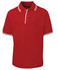 A red polo shirt with contrast white stripes on the collar and sleeves, featuring a buttoned placket and a logo.