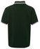 A dark green polo shirt featuring a contrasting white collar and sleeve trim, with a logo on the front.