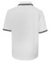 A back view of a white polo shirt featuring black contrast stripes on the sleeves and collar. It has a logo.