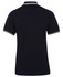 A black polo shirt with contrasting white stripes on the collar and sleeves. It features a logo.