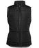 A black puffer vest with a zip front and padded design, featuring side pockets and a high collar.