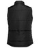 A black puffer vest with a high collar and lined design, featuring a logo on the back.