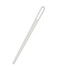 A slim, white threading needle with an elongated design and a large eye for easily threading drawcords.