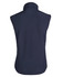 A navy softshell vest features a high collar and sleeveless design, with a logo on the back.