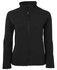 A black softshell jacket with a zip front and a stand-up collar, featuring a logo on the chest.