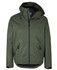 A green rain jacket with a hood, featuring a front zip and two side pockets. It has a logo on the front.