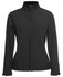 A black three-layer softshell jacket with a zip front and a high collar. It features branding on the fabric.