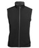 A black three-layer softshell vest with a high collar and zip front, featuring a logo.