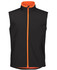 A black three-layer softshell vest with orange accents and a zip closure, featuring side pockets and a high collar.